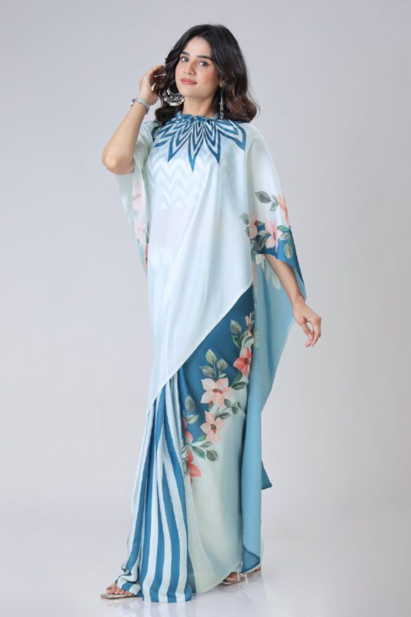 A Sky Blue Satin Creap Silk Saree Digitally Printed