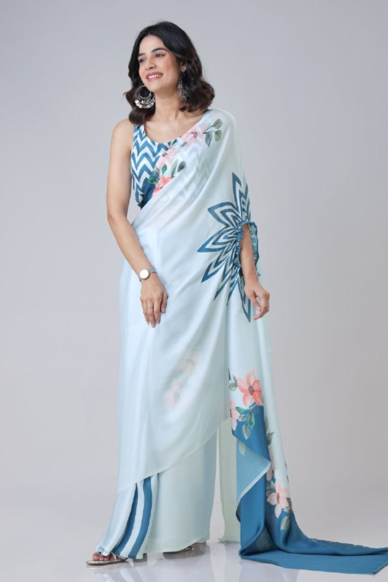 A Sky Blue Satin Creap Silk Saree Digitally Printed