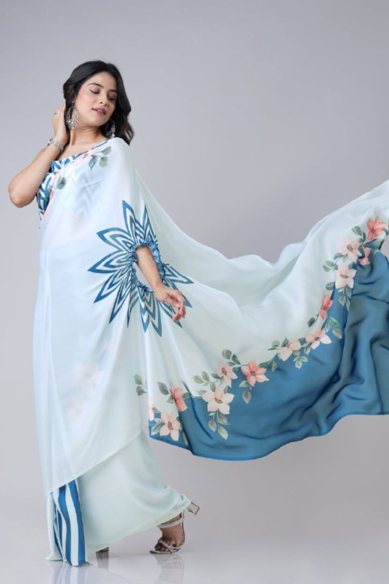 A Sky Blue Satin Creap Silk Saree Digitally Printed