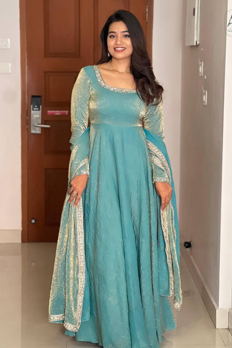 Embroidered Sky Blue Heavy Fandy Silk Gown