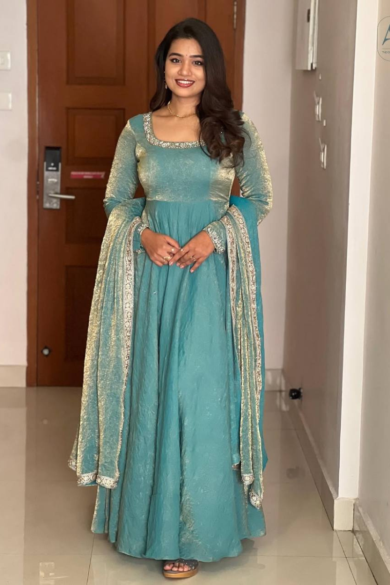 Embroidered Sky Blue Heavy Fandy Silk Gown