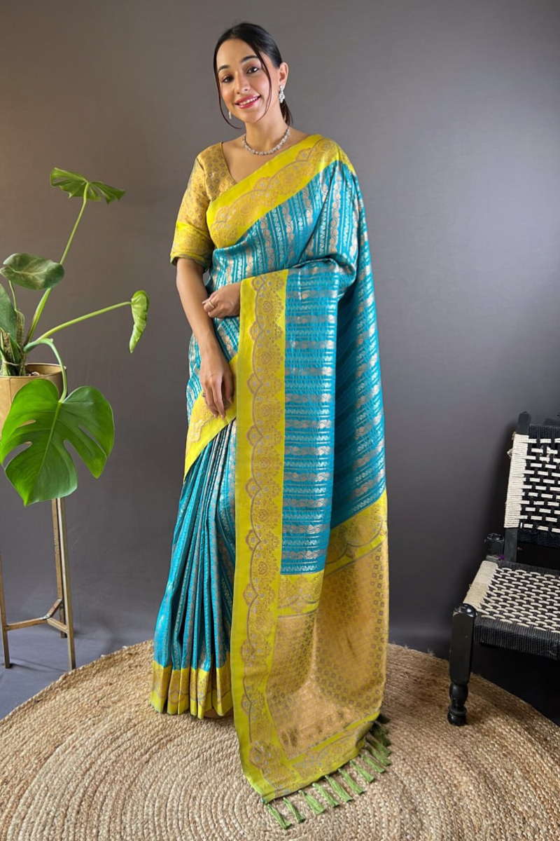 Paithani sarees in sky blue soft silk with peacock jaal