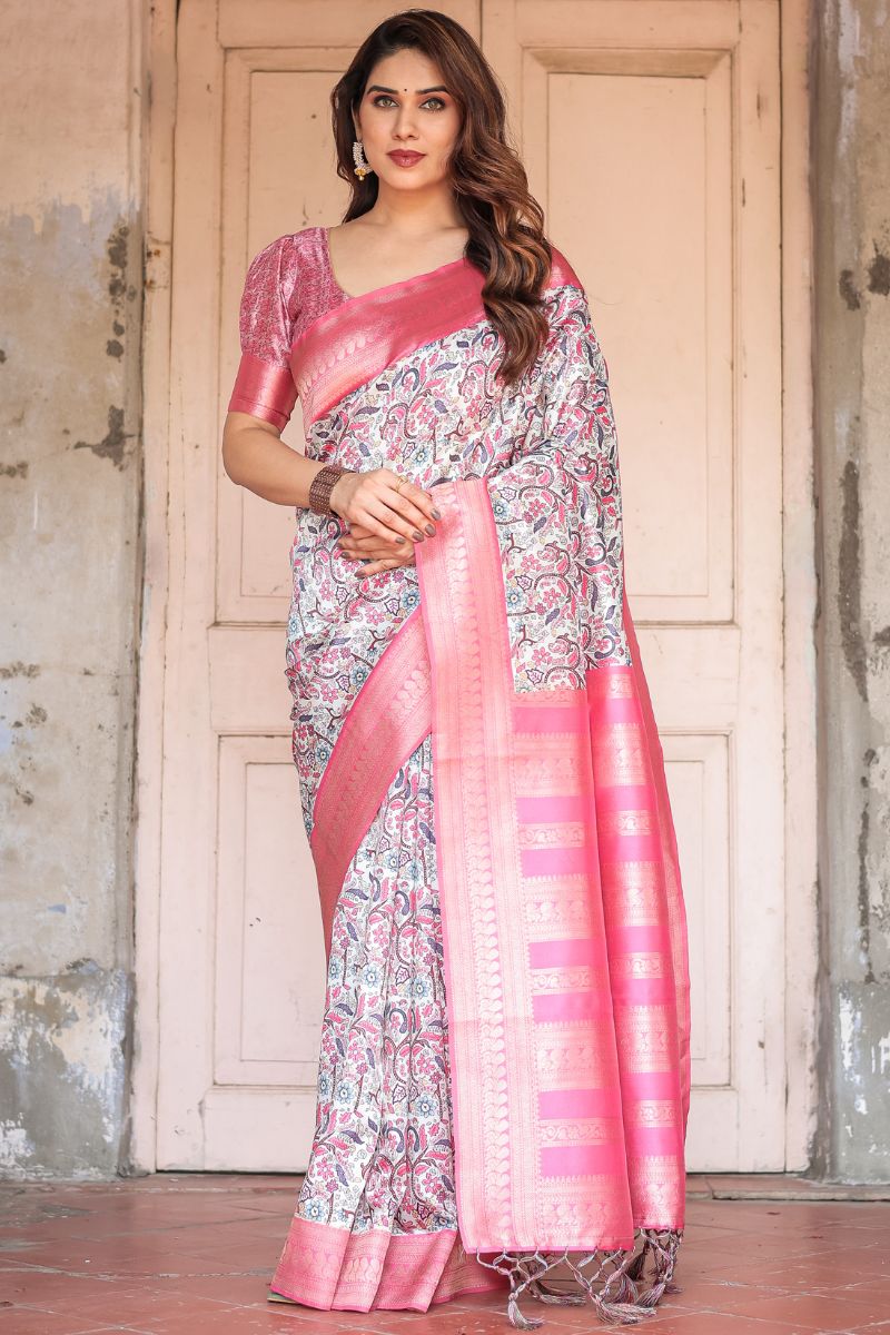 Banarasi Digitally Printed Silk Saree with a Soft Ivory Base