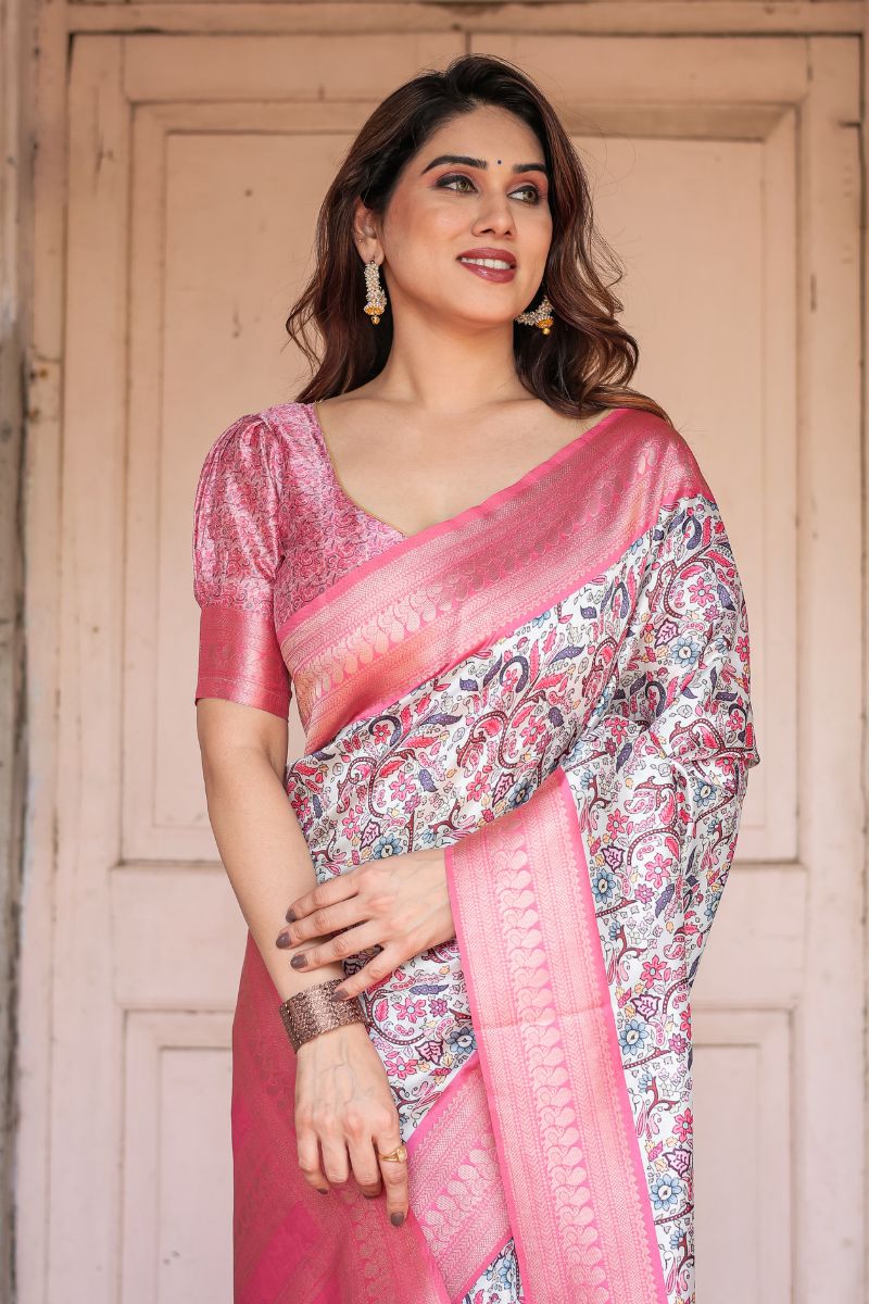 Banarasi Digitally Printed Silk Saree with a Soft Ivory Base