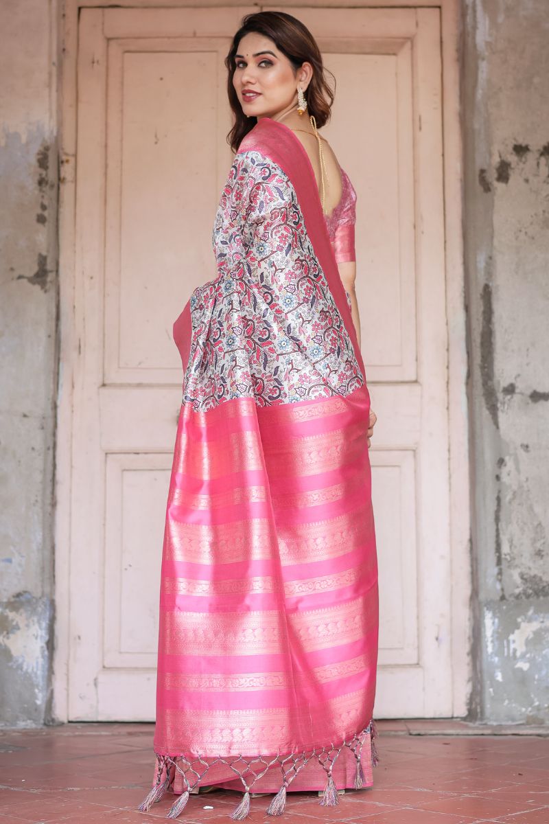 Banarasi Digitally Printed Silk Saree with a Soft Ivory Base