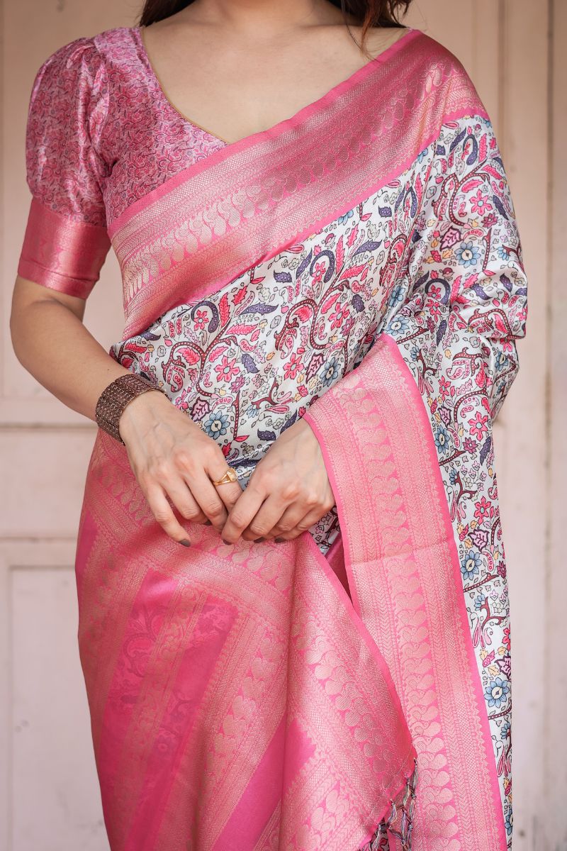 Banarasi Digitally Printed Silk Saree with a Soft Ivory Base