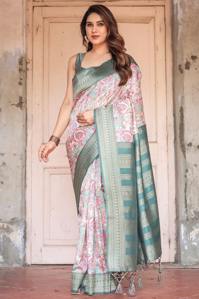 Banarasi Digitally Printed Silk Saree in Soft Pastel Ivory