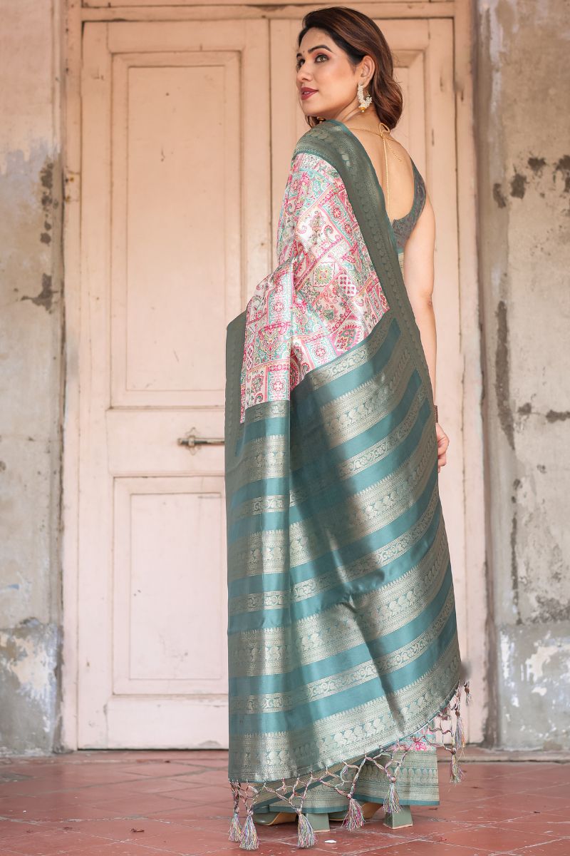 Banarasi Digitally Printed Silk Saree in Soft Pastel Ivory