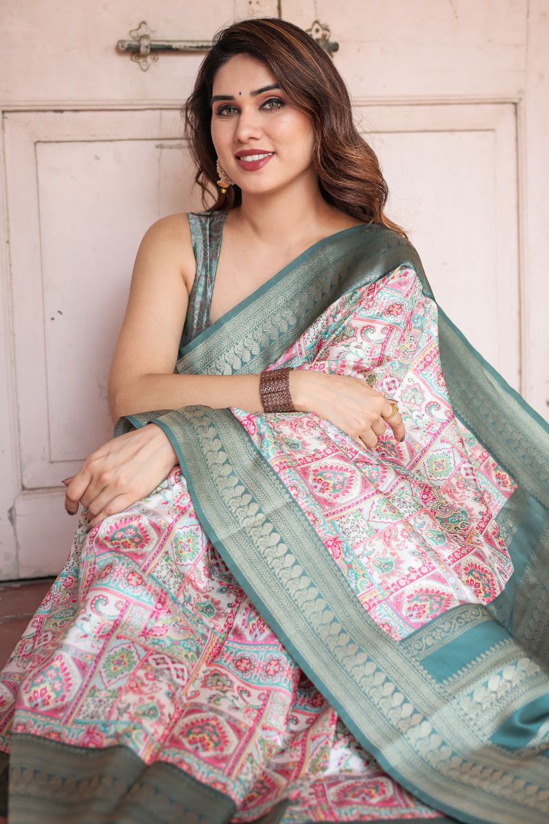 Banarasi Digitally Printed Silk Saree in Soft Pastel Ivory