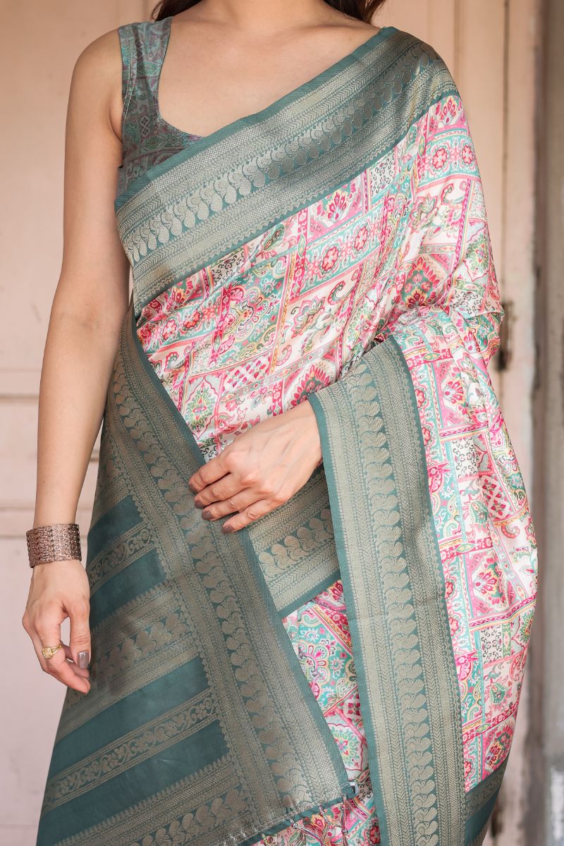 Banarasi Digitally Printed Silk Saree in Soft Pastel Ivory