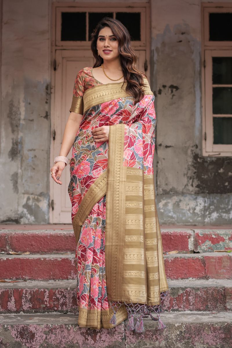 Gorgeous Multi-Color Banarasi Silk Saree with Digital Printing of Flowers