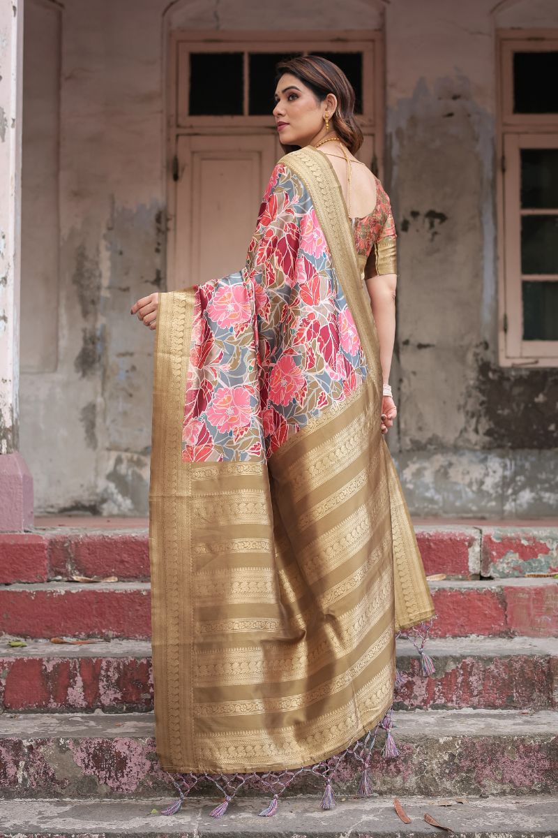 Gorgeous Multi-Color Banarasi Silk Saree with Digital Printing of Flowers