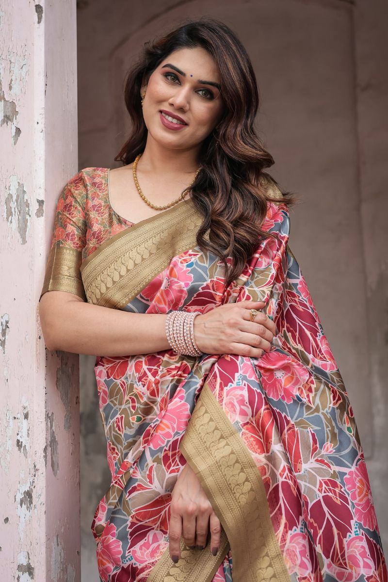 Gorgeous Multi-Color Banarasi Silk Saree with Digital Printing of Flowers