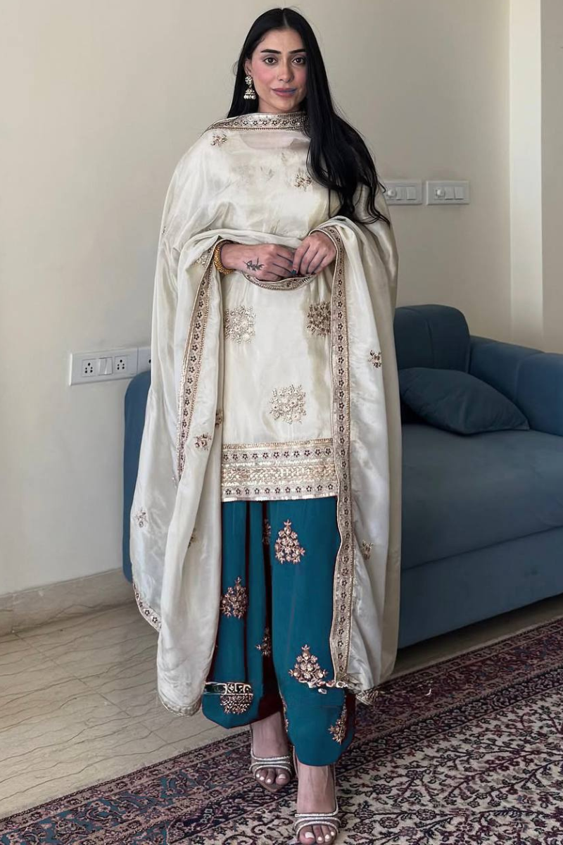 Teal Three-Piece Kurta Dupatta Sharara Suit Set in Heavy Pure Chinnon Silk.