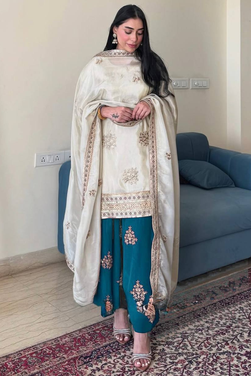Teal Three-Piece Kurta Dupatta Sharara Suit Set in Heavy Pure Chinnon Silk.