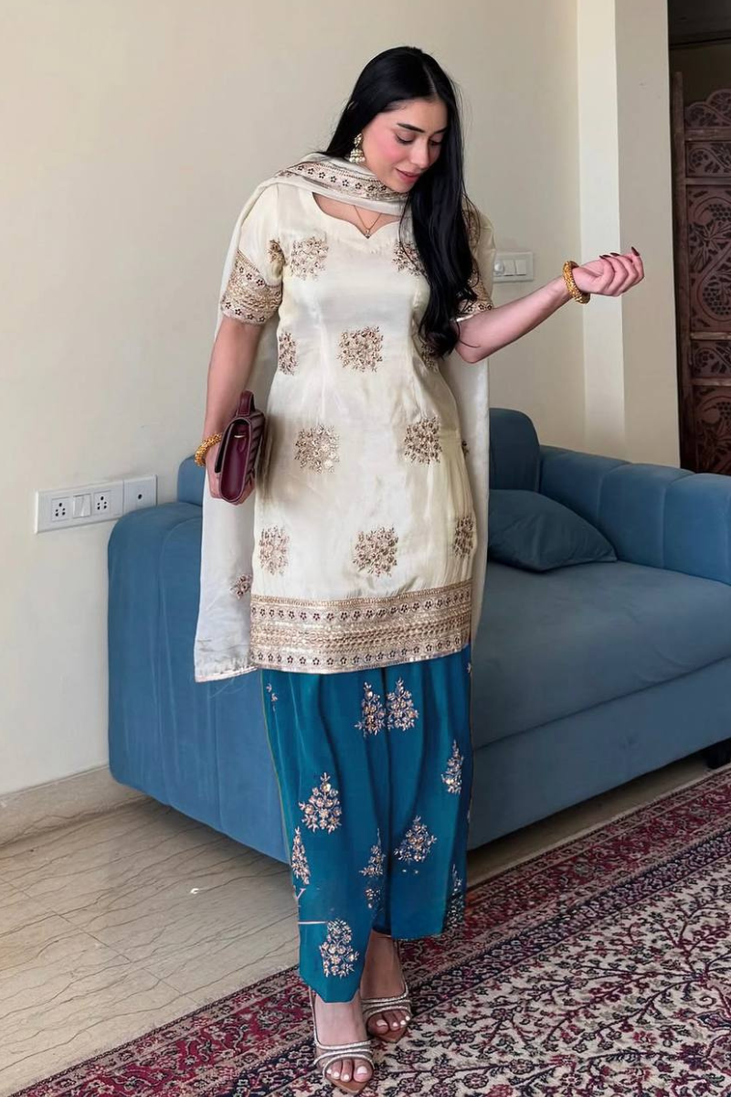 Teal Three-Piece Kurta Dupatta Sharara Suit Set in Heavy Pure Chinnon Silk.