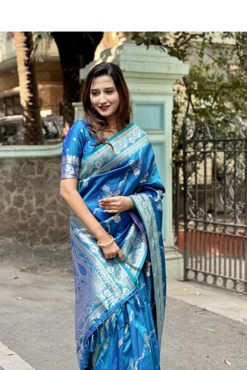 Silver zari on teal Banarasi soft silk sarees