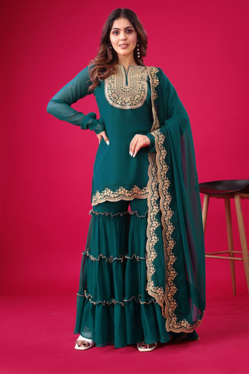Faux Teal Blooming Three-piece Georgette Sharara Suit Set with Kurta Dupatta