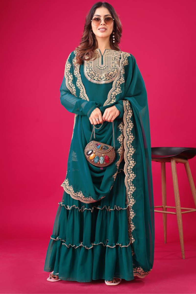 Faux Teal Blooming Three-piece Georgette Sharara Suit Set with Kurta Dupatta