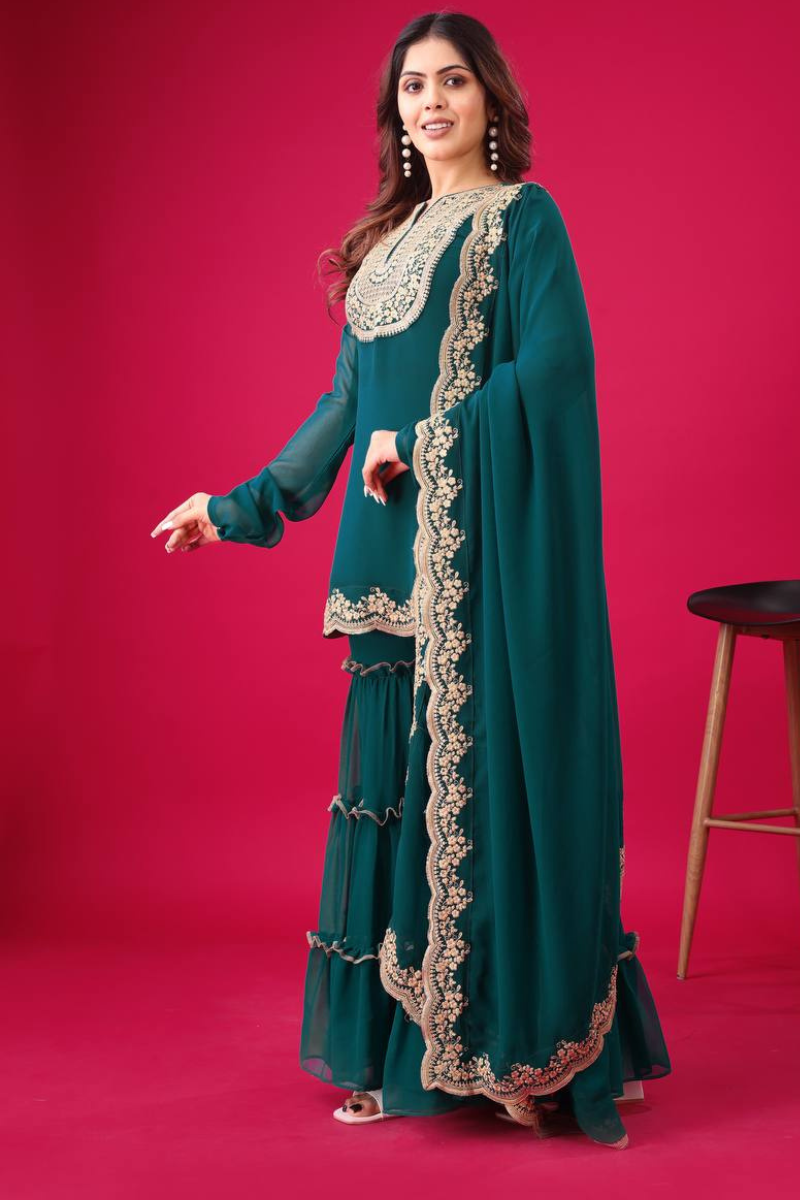 Faux Teal Blooming Three-piece Georgette Sharara Suit Set with Kurta Dupatta