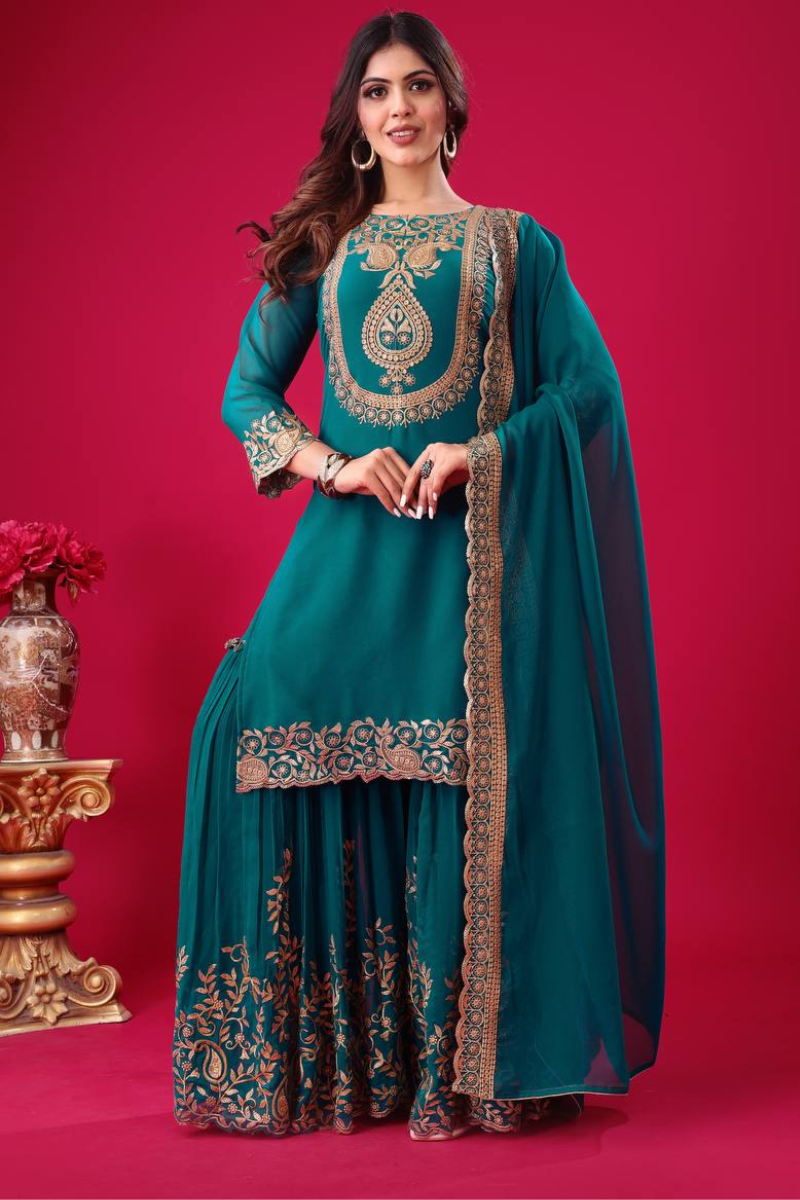 Faux Teal Blooming Three-piece Georgette Sharara Suit Set with Kurta Dupatta.