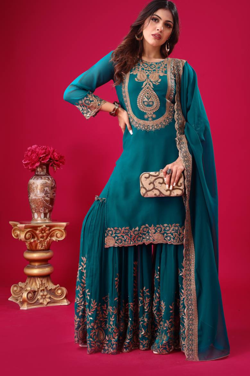 Faux Teal Blooming Three-piece Georgette Sharara Suit Set with Kurta Dupatta.