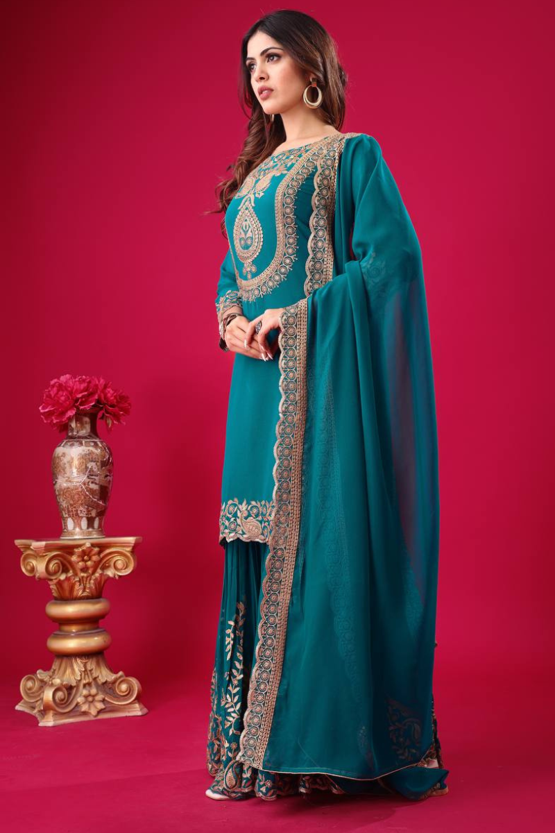 Faux Teal Blooming Three-piece Georgette Sharara Suit Set with Kurta Dupatta.