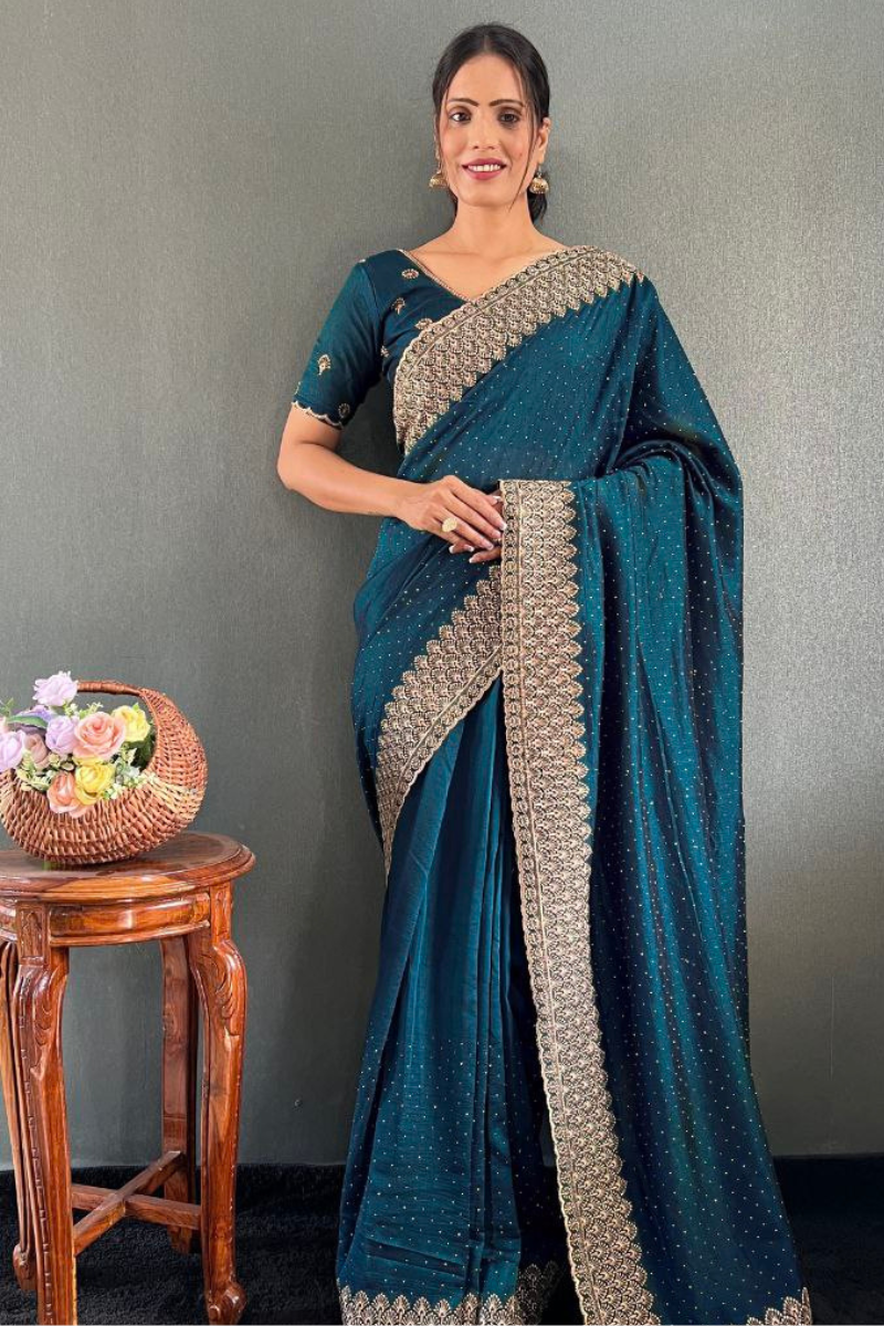 Vichitra silk saree in teal bloom with lovely Zari
