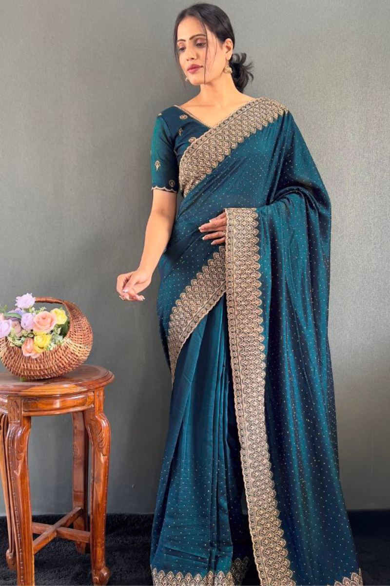 Vichitra silk saree in teal bloom with lovely Zari
