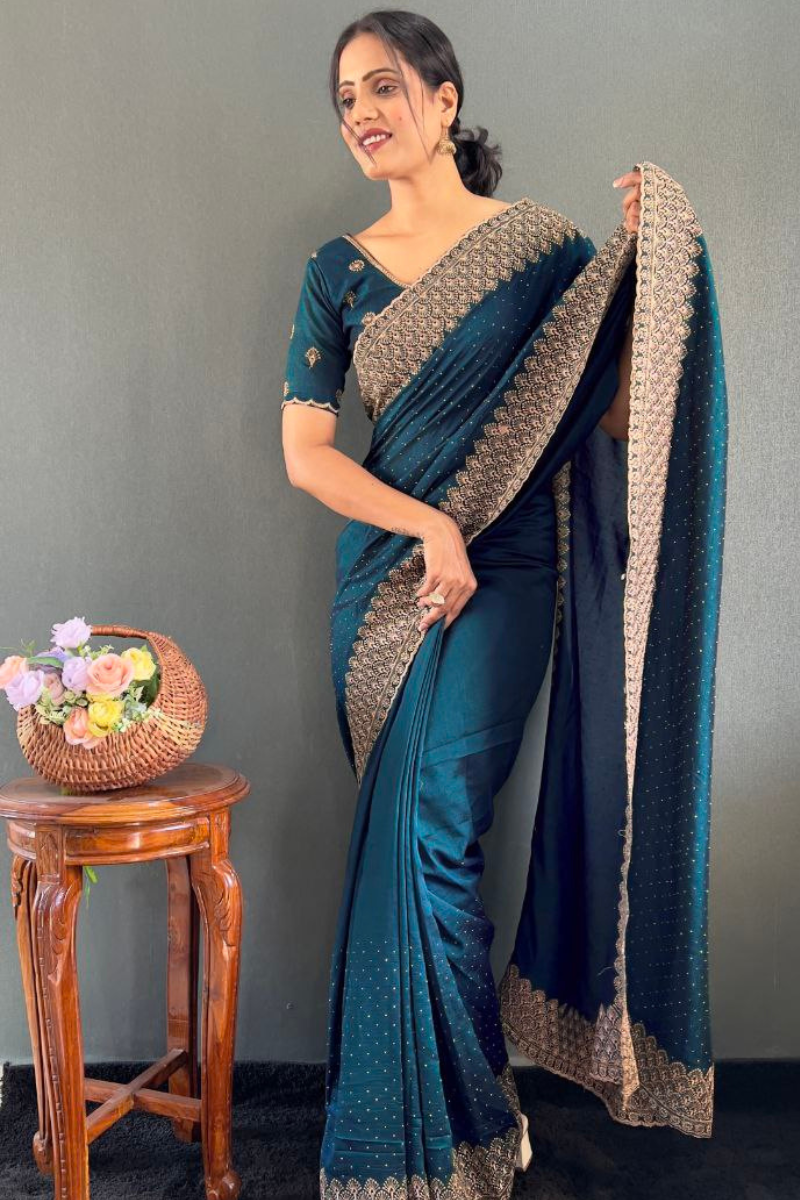 Vichitra silk saree in teal bloom with lovely Zari