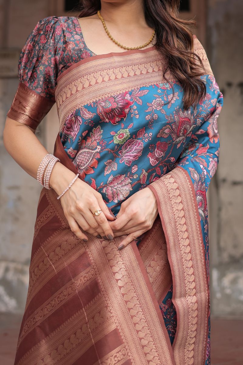 Banarasi Digitally Printed Silk Saree in Teal Blue