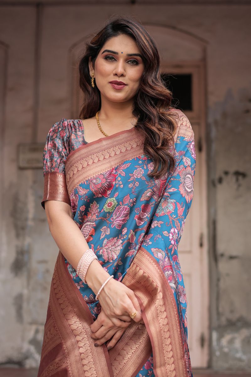 Banarasi Digitally Printed Silk Saree in Teal Blue