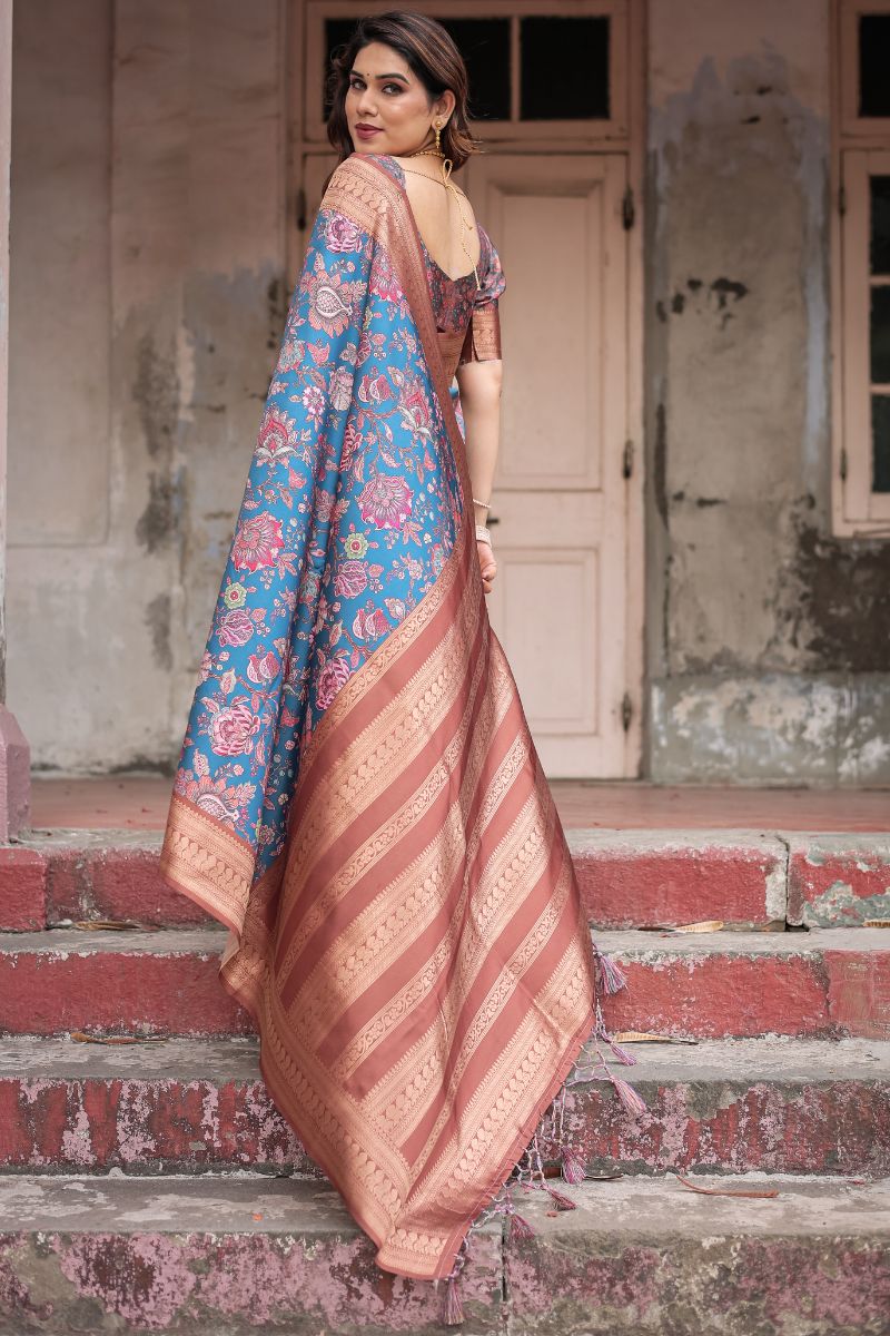 Banarasi Digitally Printed Silk Saree in Teal Blue