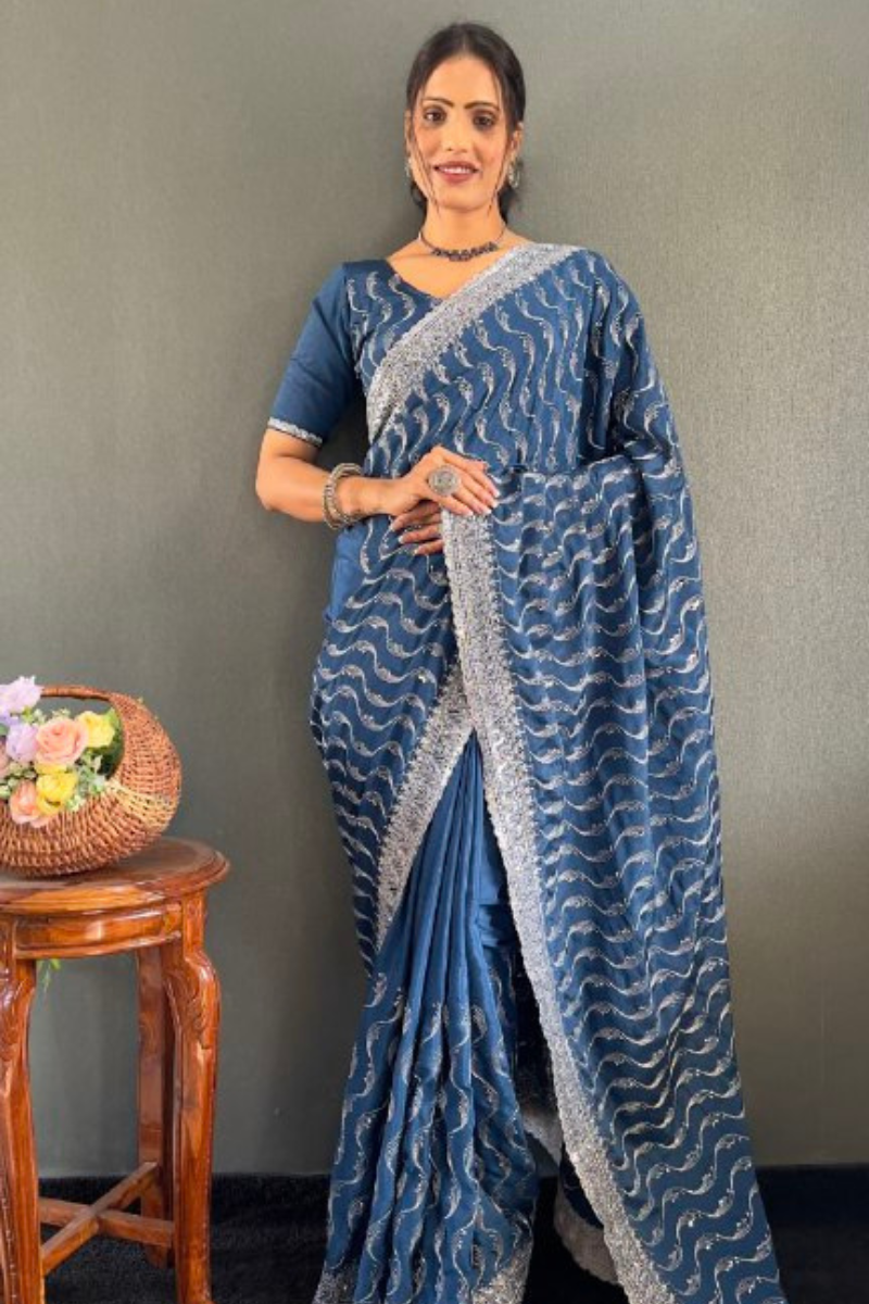 Teal Blue Chinnon Silk Saree with Embroidery Zari Sequence Work