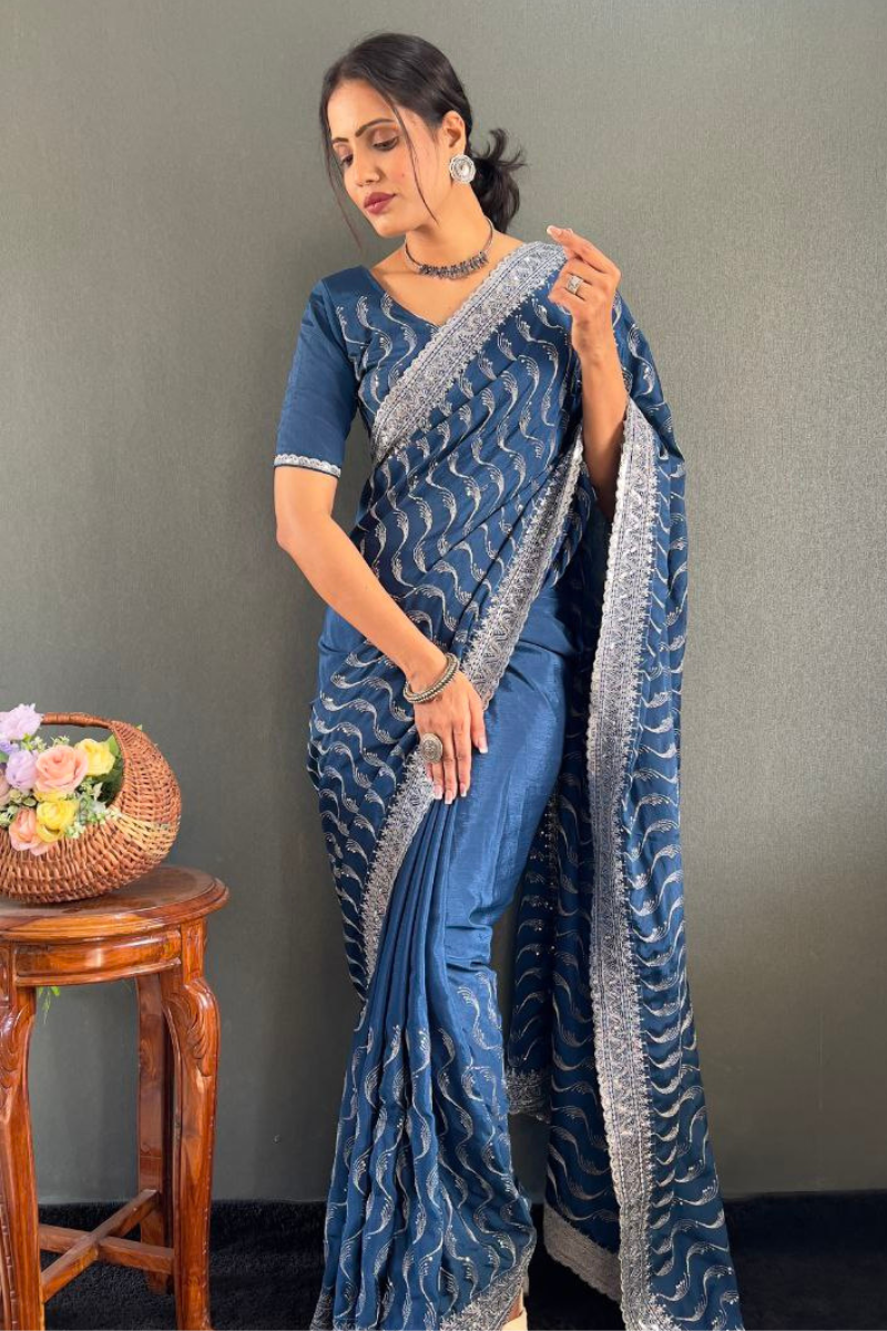 Teal Blue Chinnon Silk Saree with Embroidery Zari Sequence Work