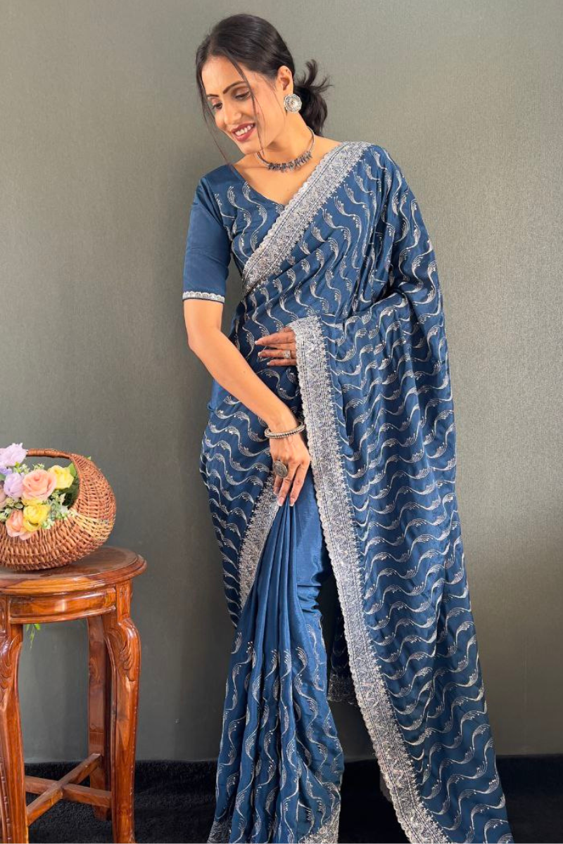Teal Blue Chinnon Silk Saree with Embroidery Zari Sequence Work
