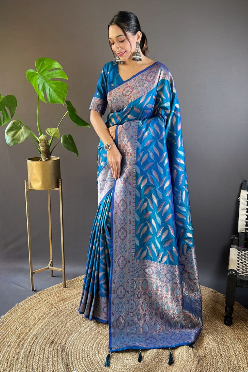 Soft Silk Sarees in Teal Blue with Triple Zari's Distinct Paan Weaves