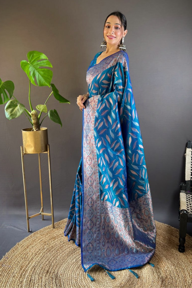 Soft Silk Sarees in Teal Blue with Triple Zari's Distinct Paan Weaves