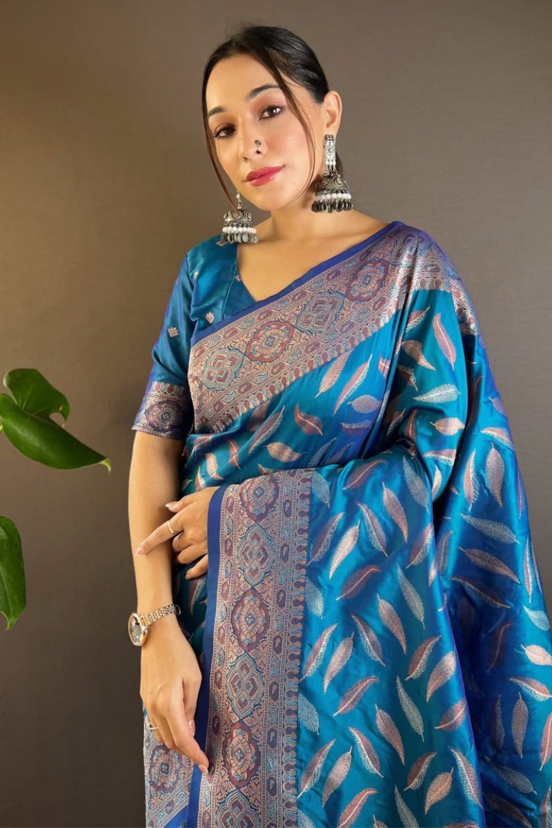 Soft Silk Sarees in Teal Blue with Triple Zari's Distinct Paan Weaves