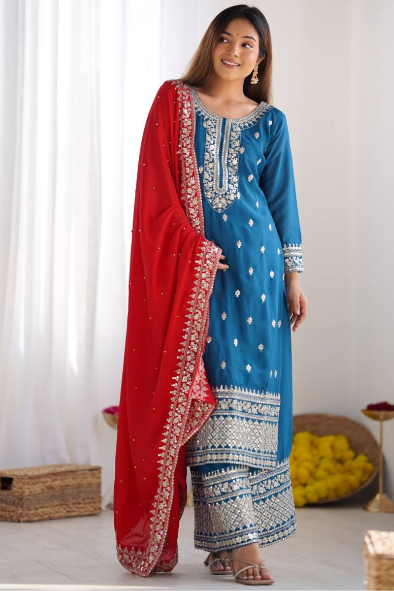 Three-piece Kurta Dupatta Sharara Suit Set in Teal Chinnon Silk