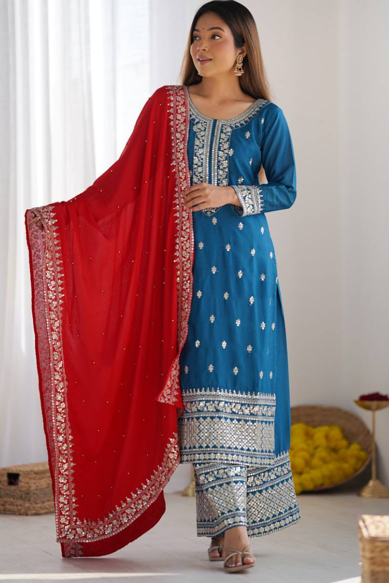 Three-piece Kurta Dupatta Sharara Suit Set in Teal Chinnon Silk