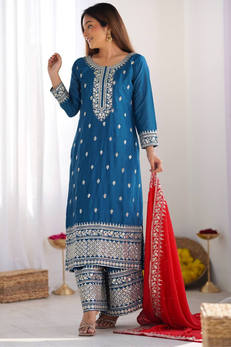 Three-piece Kurta Dupatta Sharara Suit Set in Teal Chinnon Silk