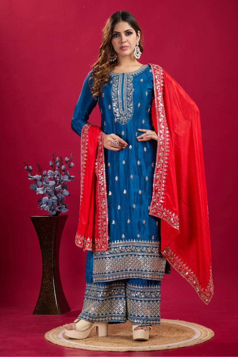 Chinnon silk in teal with a lot of embroidery Set of Kurta Dupattas