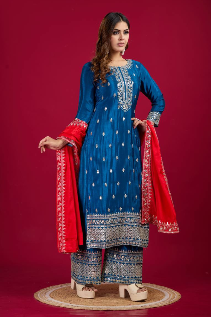 Chinnon silk in teal with a lot of embroidery Set of Kurta Dupattas