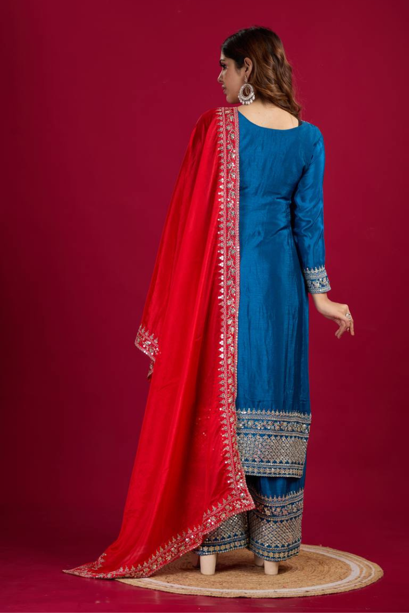 Chinnon silk in teal with a lot of embroidery Set of Kurta Dupattas