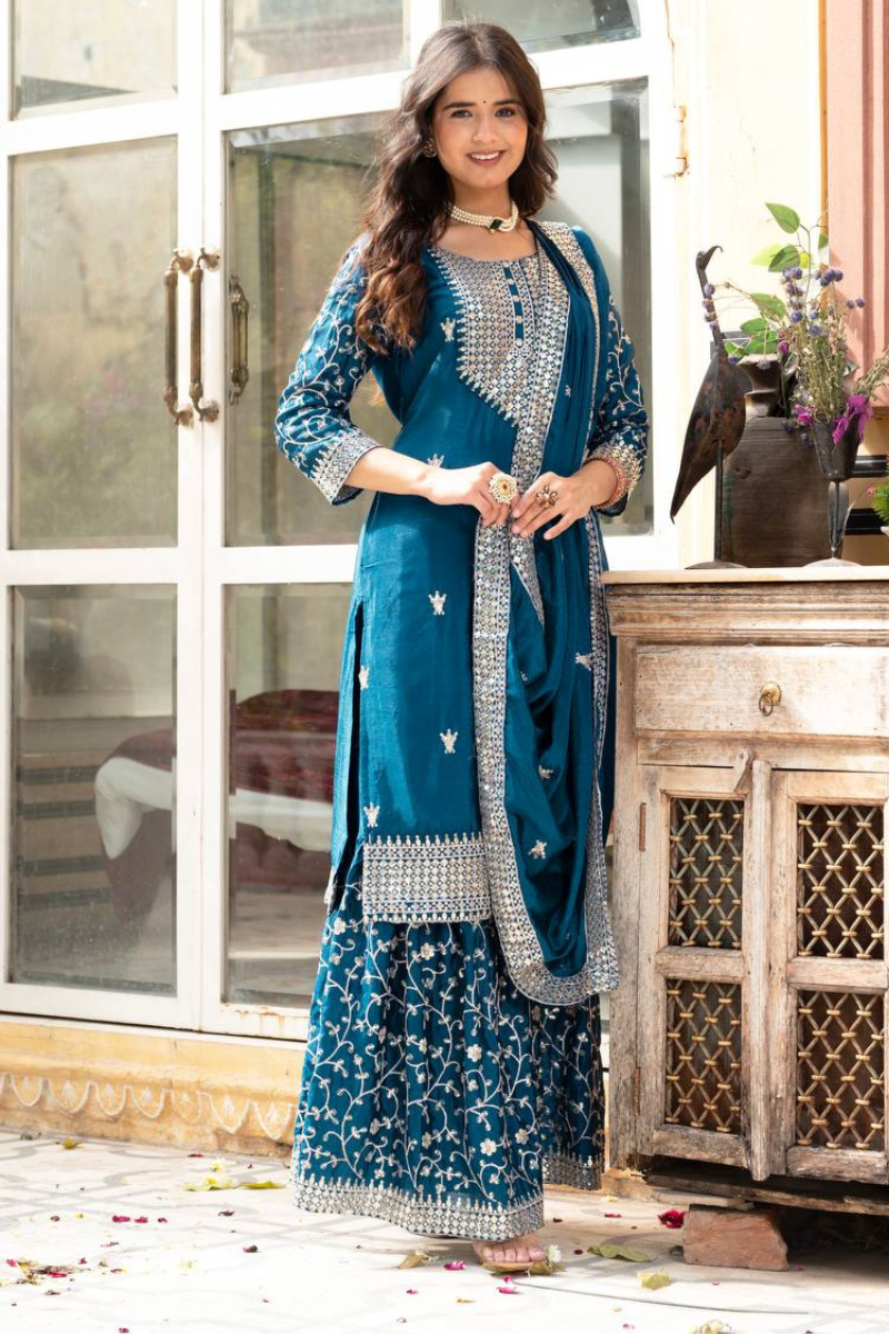 Three-piece Sharara Suit Set with Embroidered Lace Border in Teal Chinon