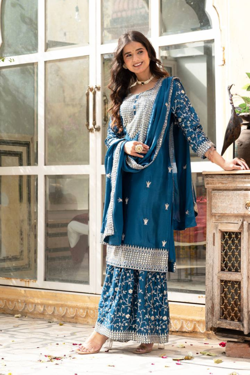 Three-piece Sharara Suit Set with Embroidered Lace Border in Teal Chinon
