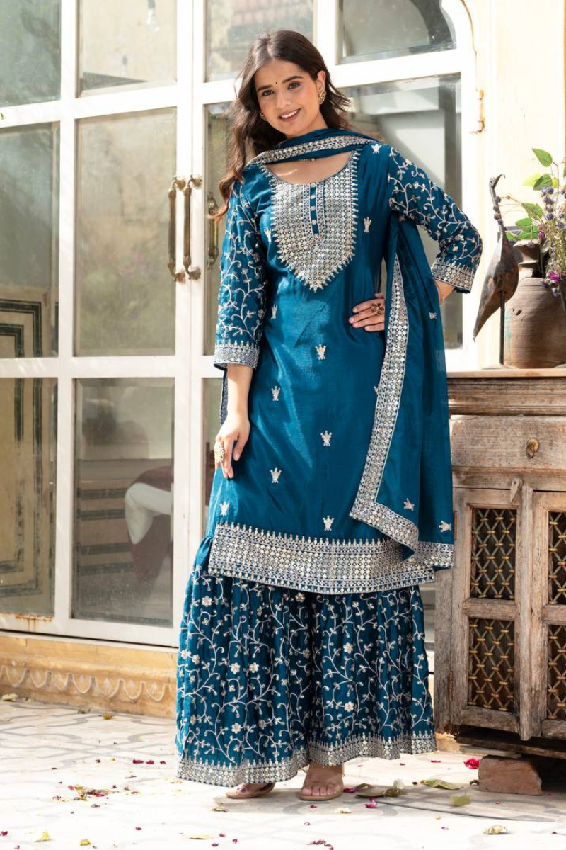 Three-piece Sharara Suit Set with Embroidered Lace Border in Teal Chinon
