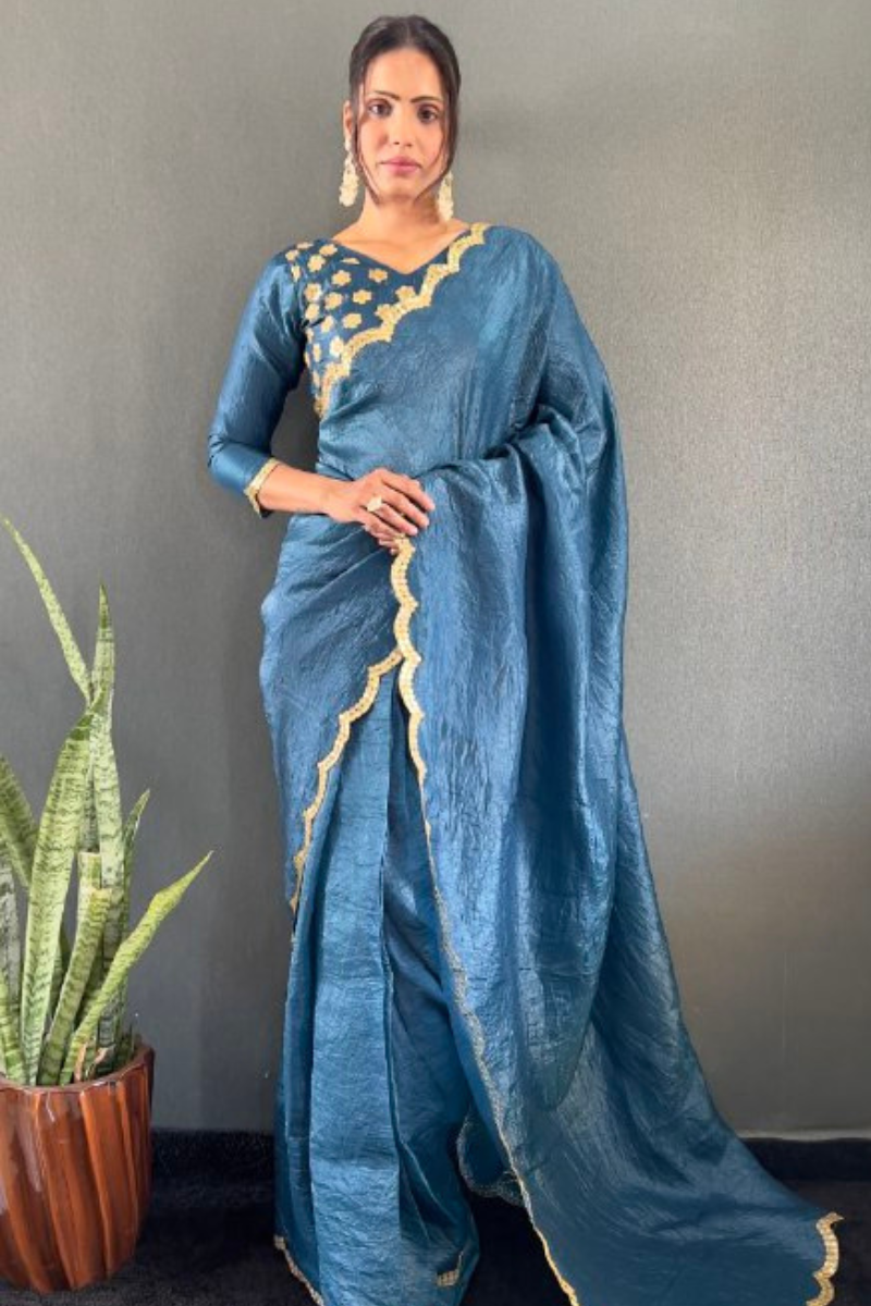Silk Saree in Teal Gold Crush with Designer Border Work