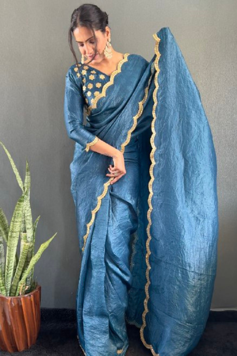 Silk Saree in Teal Gold Crush with Designer Border Work